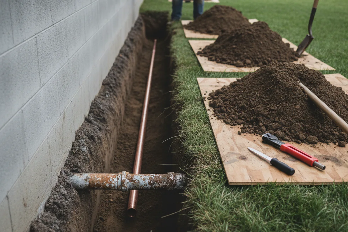 Excavated water line trench during Sewer Line Repair in Rockland